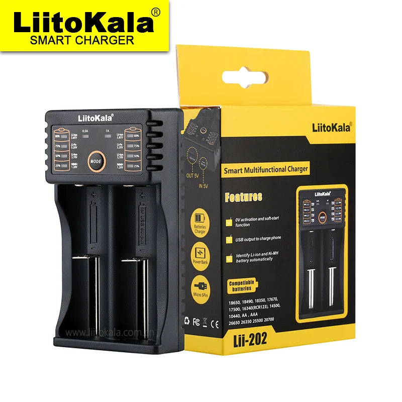 LiitoKala Lii-202 18650 Charger 1.2V/3.7V/3.2V/3.85V 21700 20700 2665014500 16340 NiMH li-ion battery Smart charger