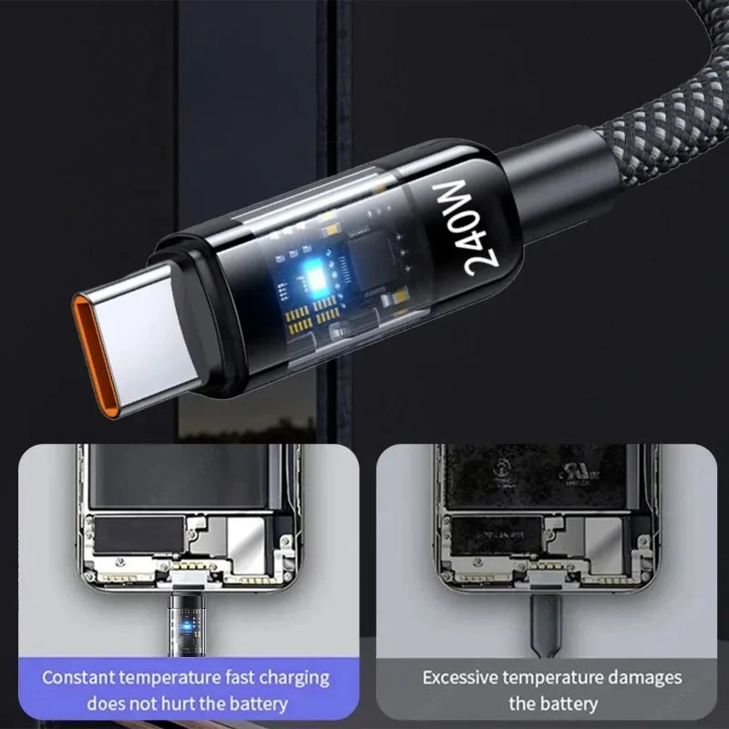240W Nylon USB C to C Fast Charging Cable with LED Digital Display for Samsung Xiaomi Huawei OPPO Quick Charge 3.0 Data Cord