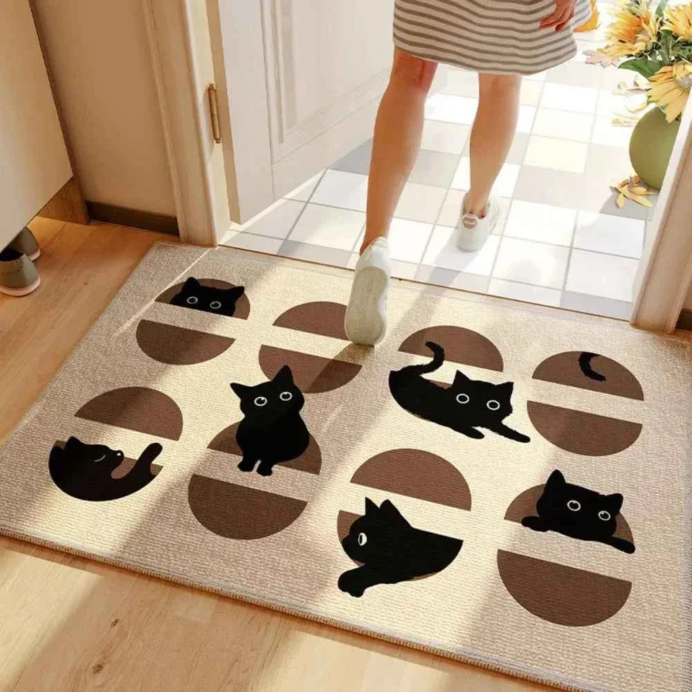Entry Door Mat Cartoon Black Cat Square Floor Mat Entrance