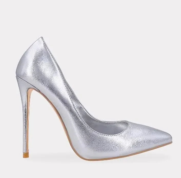 Pink Metallic Leather Woman High Heel Shoes Pointed Toe Shallow Stiletto High Heels Pumps Slip-on Polished Leather Runway Shoes