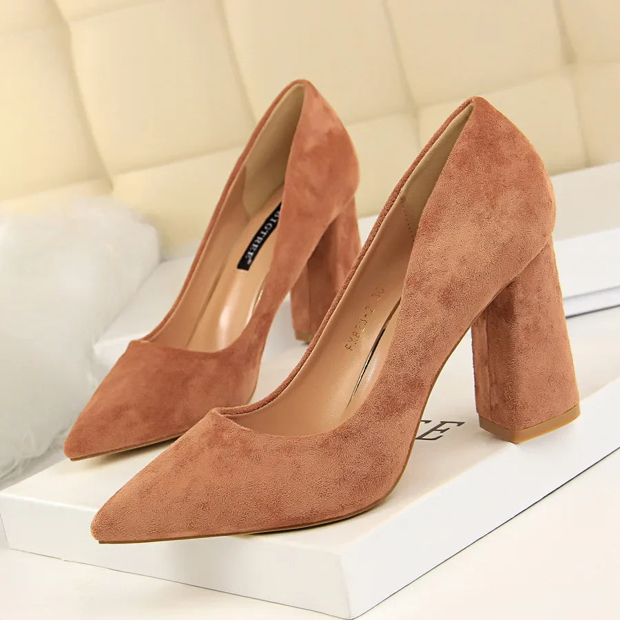 Summer Women 8.5cm High Heels Pumps Escarpins Elegant Sweet Lady Wedding Block Square Middle Heels Flock Suede Nightclub Shoes