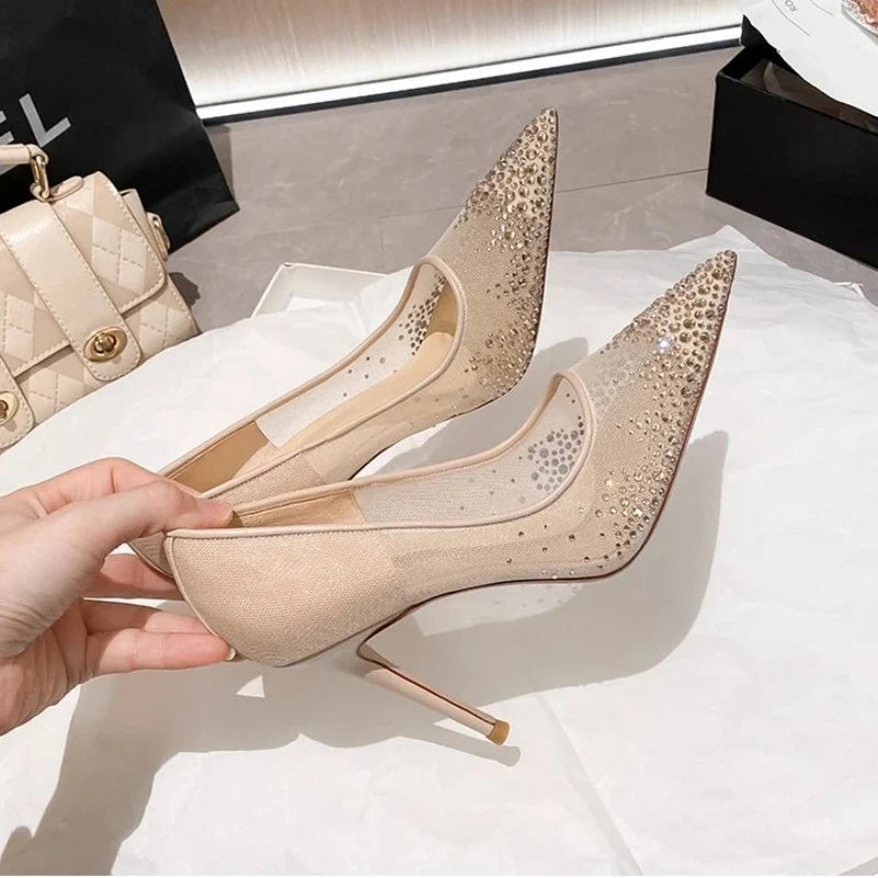 Women's high heels and single shoes for spring and summer new mesh diamond fashion banquet pointed women's shallow mouth shoes