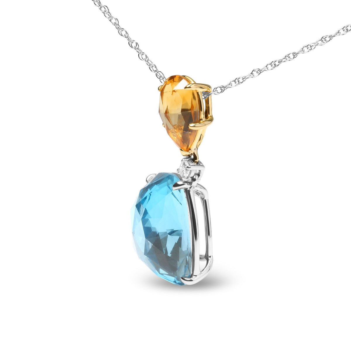 Pendentif de 45 cm en or blanc et jaune 18 carats avec accents de diamants, citrine jaune et topaze bleu ciel (couleur G-H, pureté SI1-SI2)
