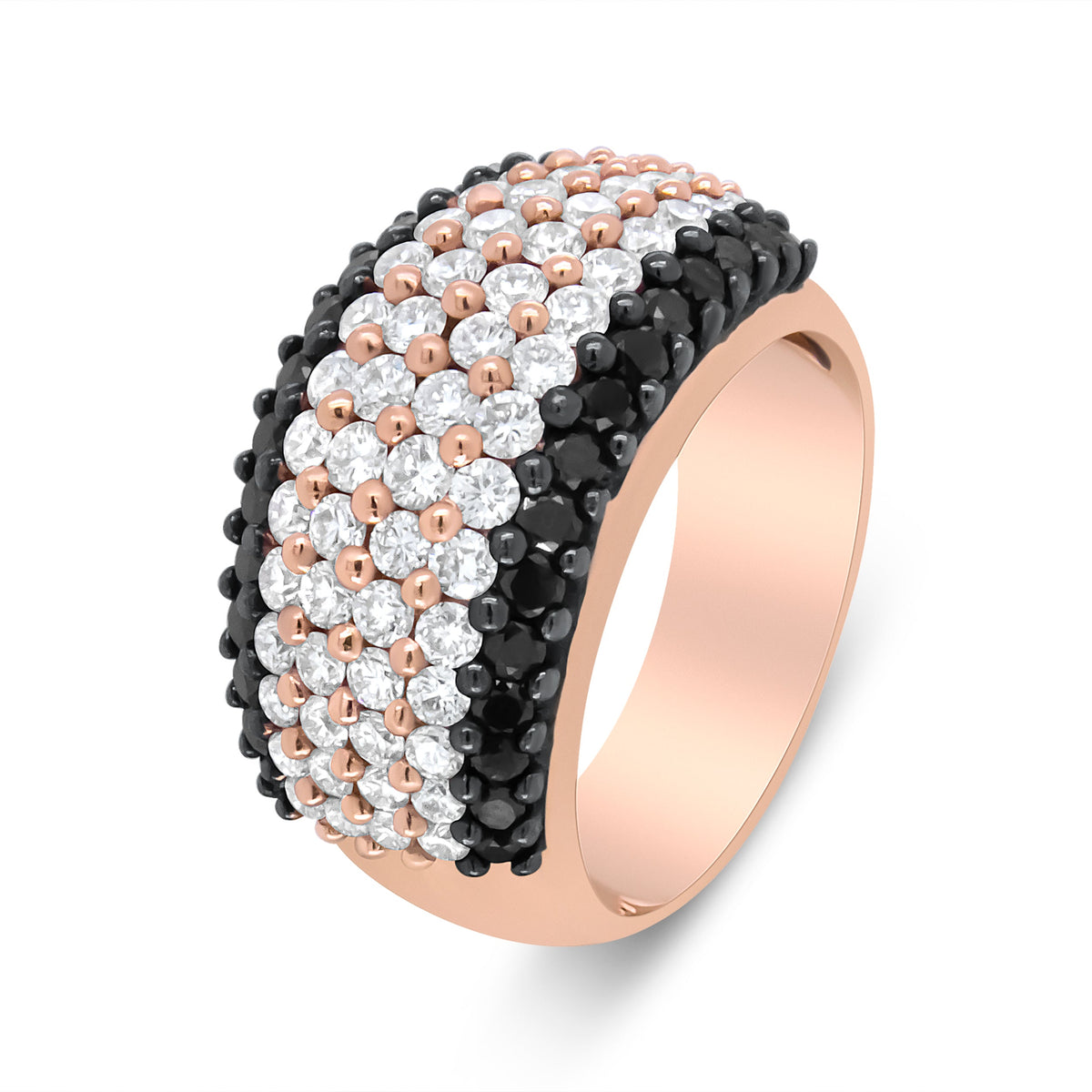 Bague à six rangs en or rose 18 carats ornée de diamants noirs et blancs de 2 1/5 carats (couleur F-G et noire, clarté VS1-VS2) - Taille 7