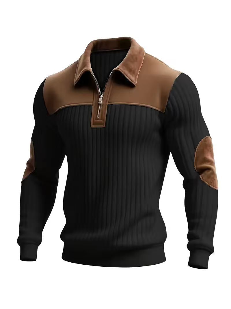 Notched-collar Patchwork Knit Top With Embroidered Zipper Hoodie