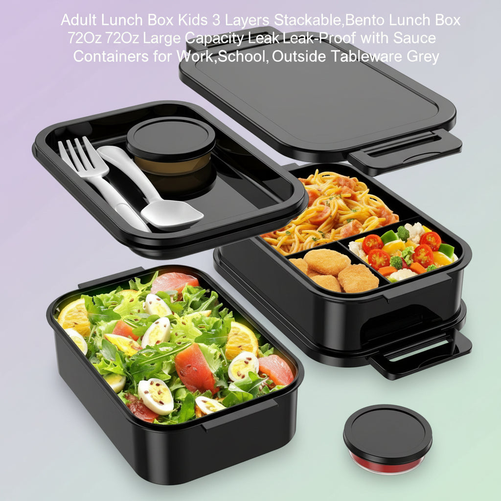 Adult Lunch Box Kids 3 Layers Stackable,Bento Lunch Box 72Oz Large Capacity Leak-Proof with Sauce Containers for Work,School,Outside Tableware Grey