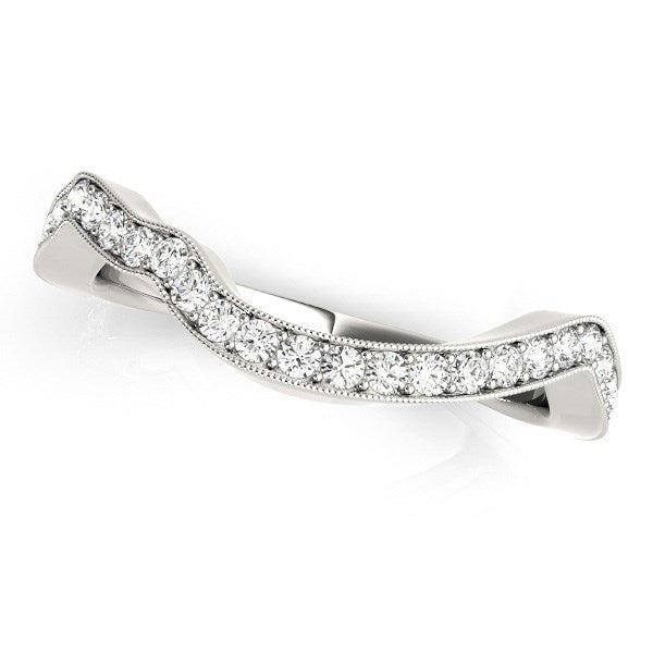 Alliance en or blanc 14 carats, courbée, avec détails milgrain et diamants (1/5 carat au total)