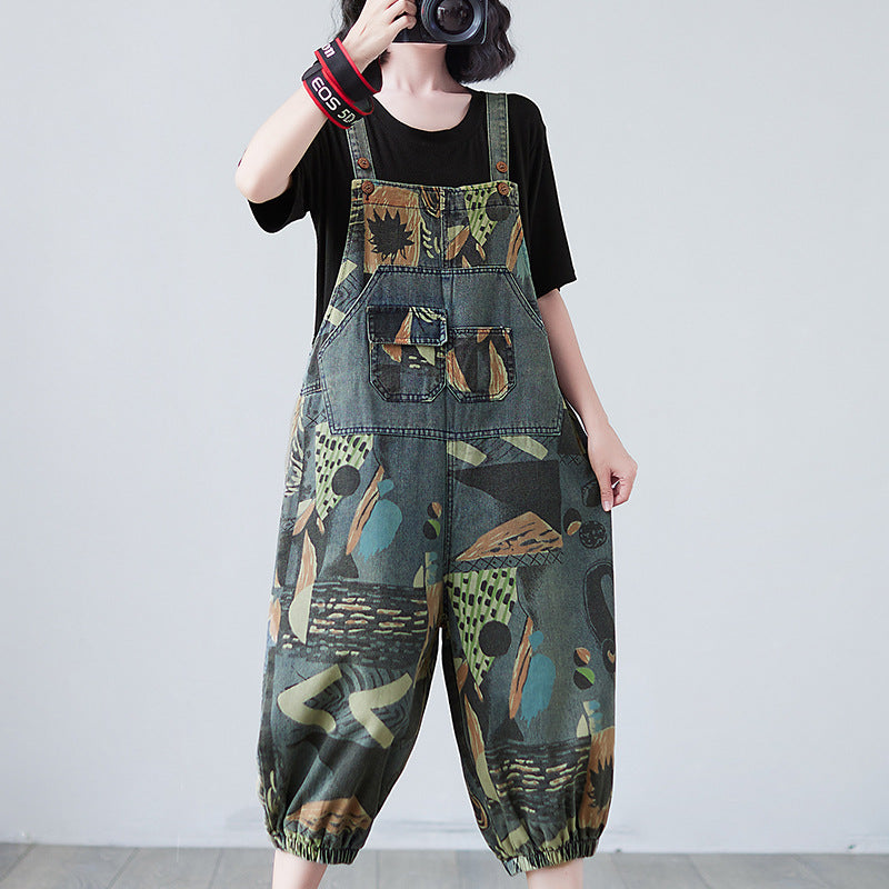 Summer Real Shot Printed Denim Slim Overalls