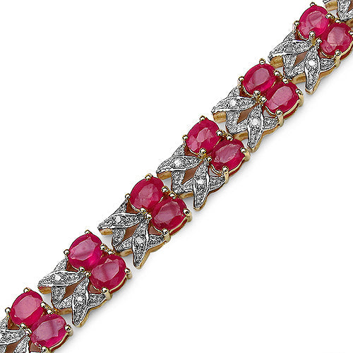 Bracelet en argent sterling .925 plaqué or jaune 14K, orné de rubis naturels remplis de verre (18,32 carats) et de diamants blancs