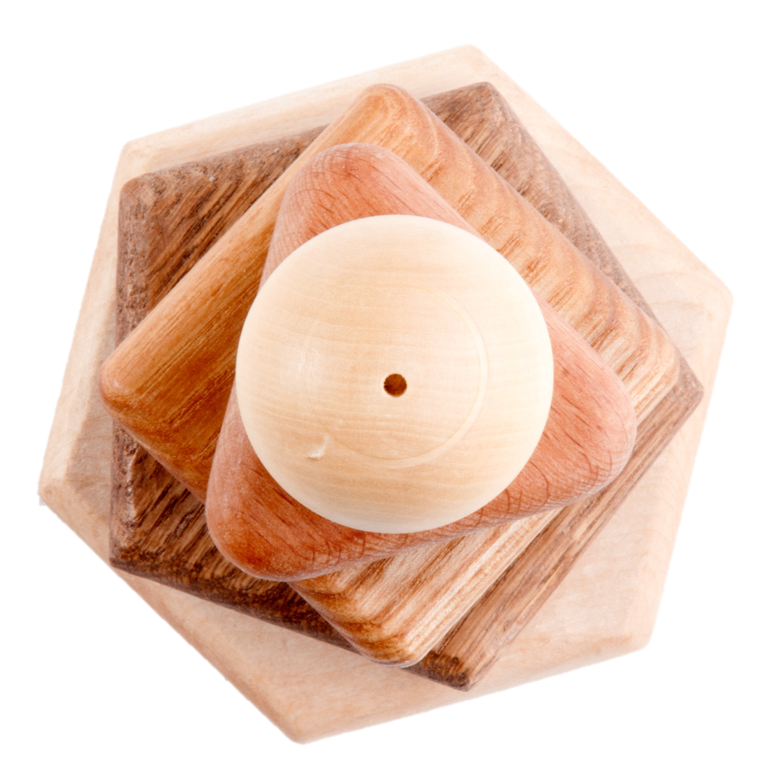Wooden stacking toy in different shapes from 5 types of wood