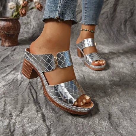 Chunky Heel Sandals Summer Round Toe Plaid Slides Slippers Fashion Outdoor High Heels Shoes For Women