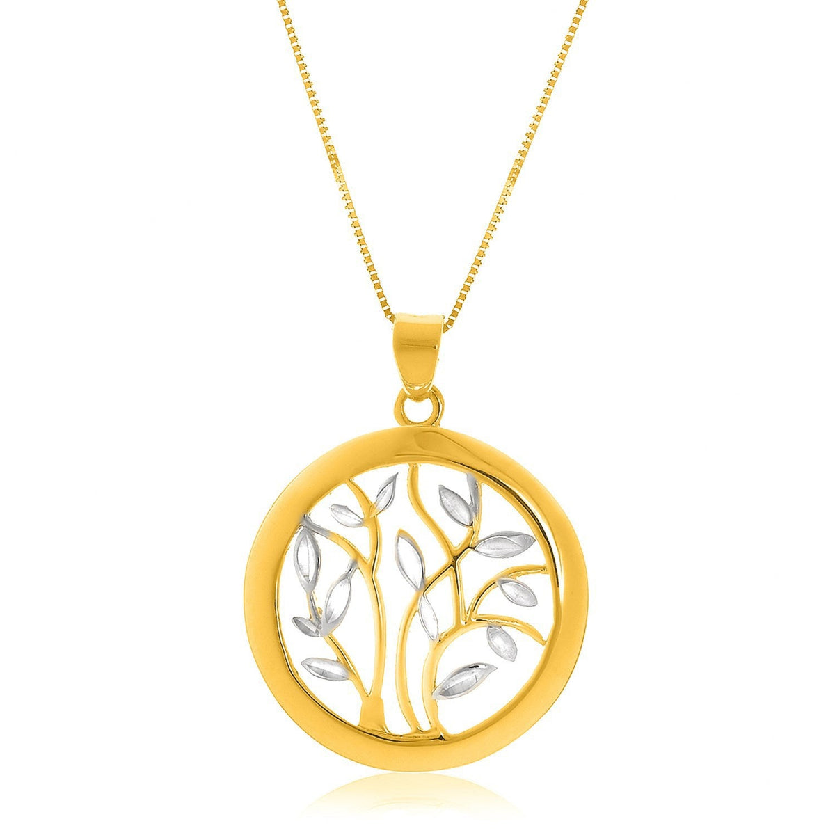 Pendentif en or deux tons 14 carats avec un motif d'arbre rond et ajouré