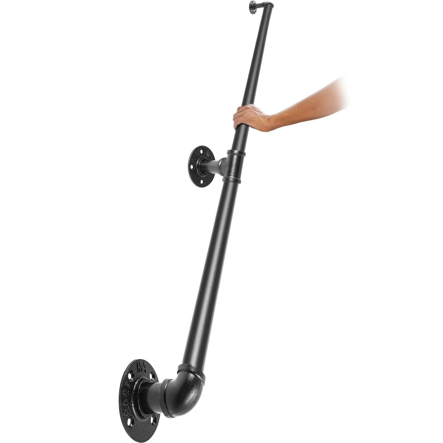 Pipe Stair Handrail, 4FT Staircase Handrail, 440LBS Load Capacity Carbon Steel Pipe Handrail, Industrial Pipe Handrail with Wall Mount Support, Round Corner Wall Handrailings for Indoor, Outdoor