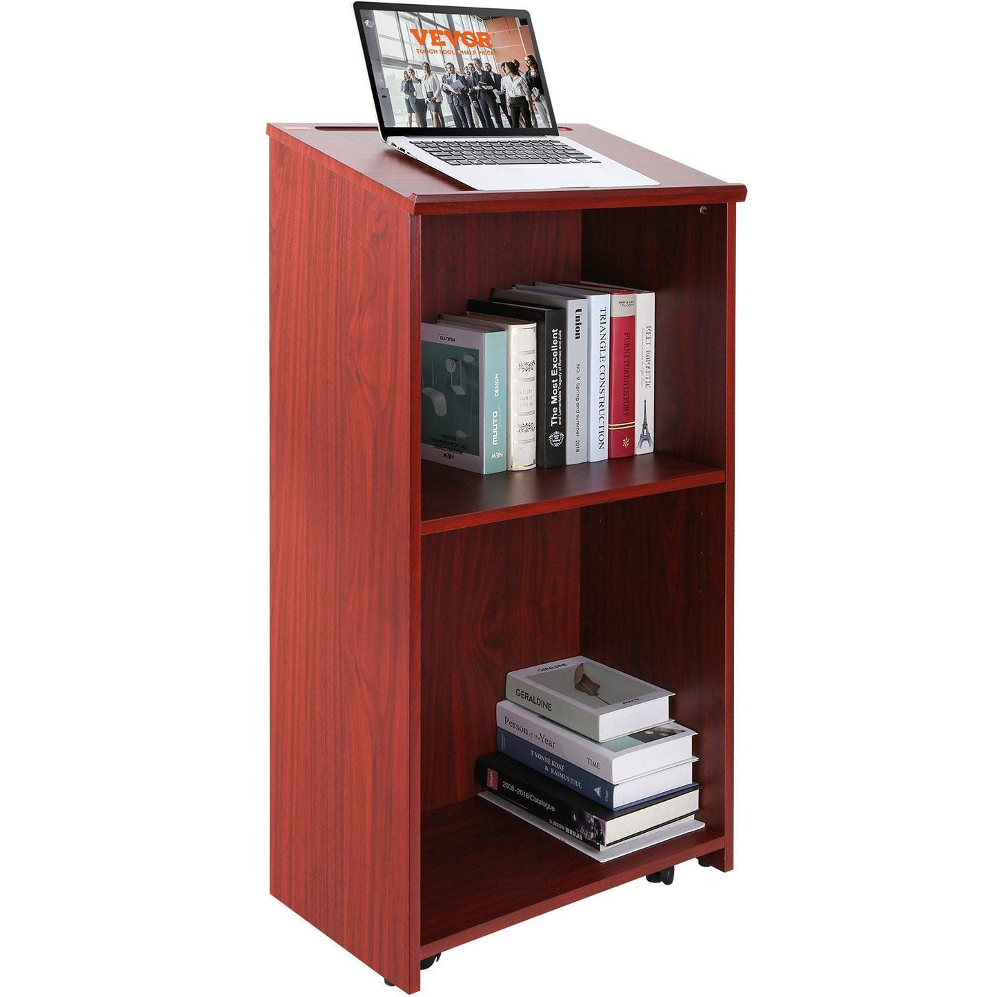 Podium Stand, 47 inch Hostess Stand with 4 Rolling Wheels, Wood Podium with Storage Shelves and Slant Desktop, Lecterns & Podiums for Home, Office, School, Church, Brown