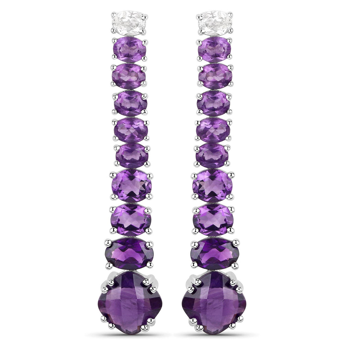 Boucles d'oreilles en argent sterling .925 plaqué or blanc 18K avec améthyste véritable de 7,58 carats et topaze blanche