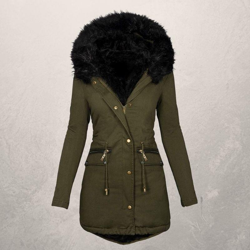 Medium Length Hooded Cotton Padded Jacket with Wool Collar