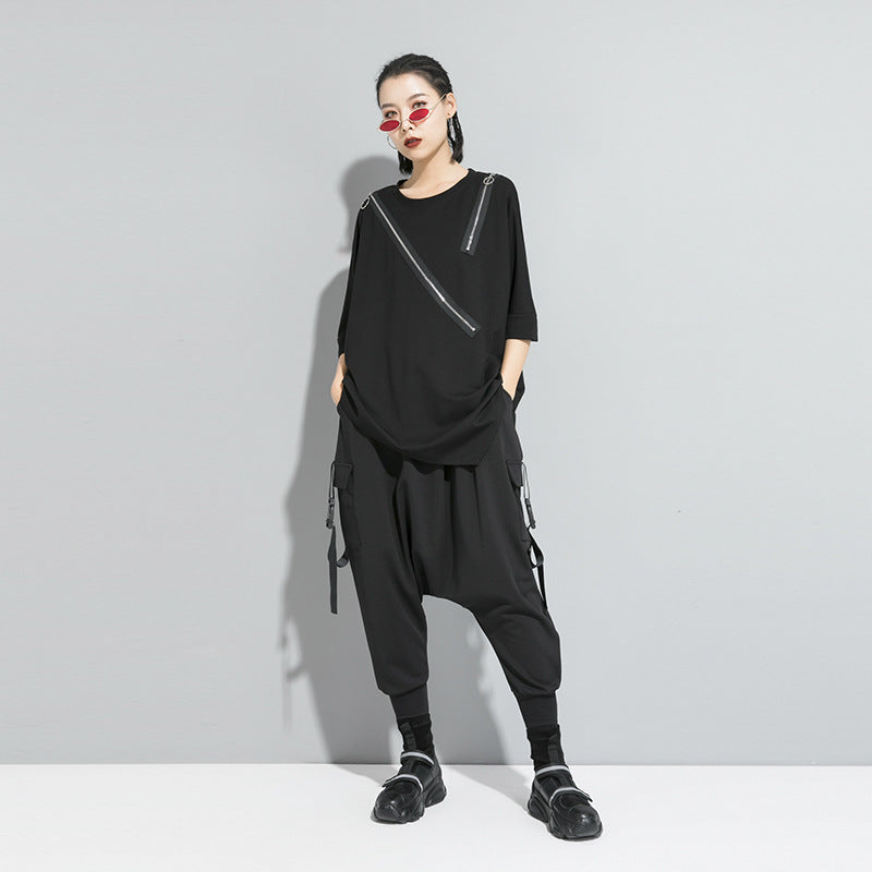 Irregular Zipper Round Neck Pullover T-Shirt