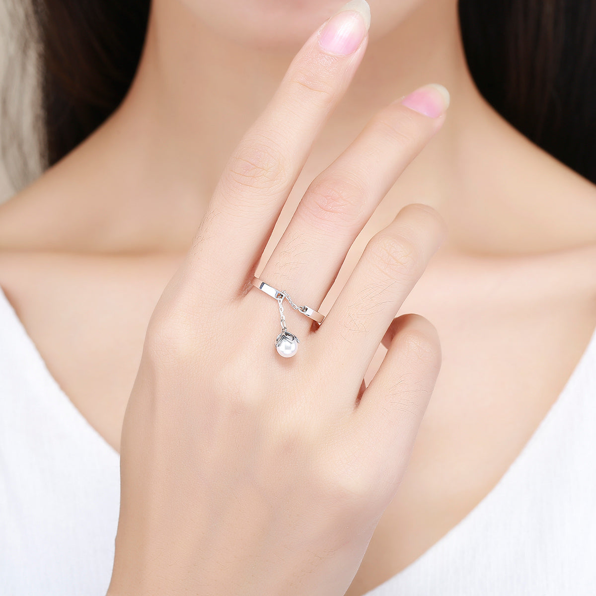 Bague femme en argent sterling S925 Largeur 0,2 cm Perle 0,6 cm