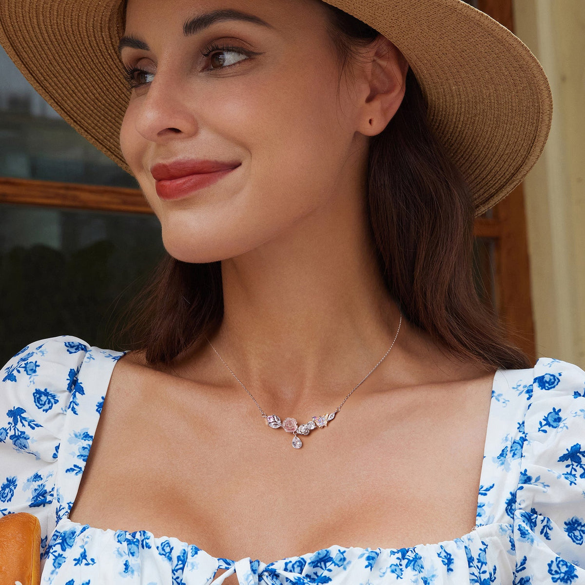 Collier en argent sterling 925 avec pendentif en oxyde de zirconium et résine, 18x39mm, plaqué or blanc