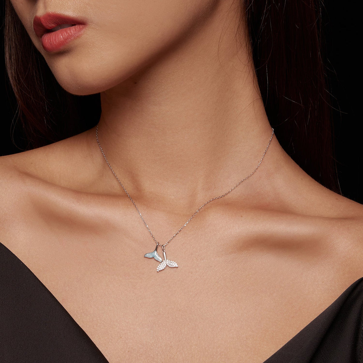 Collier en argent sterling 925 avec zircons cubiques et émail - Longueur 40+5cm, motif queue de poisson pour femmes