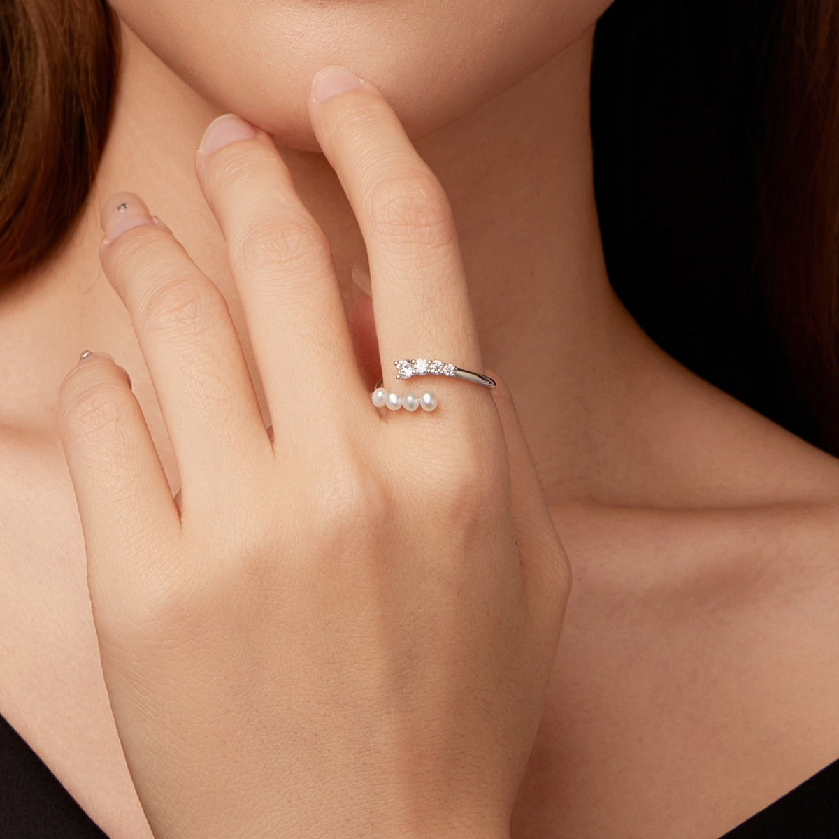 Bague en Argent Sterling 925 avec Moissanite et Perle d'Eau Douce, Plaqué Or Blanc, Taille E pour Femme