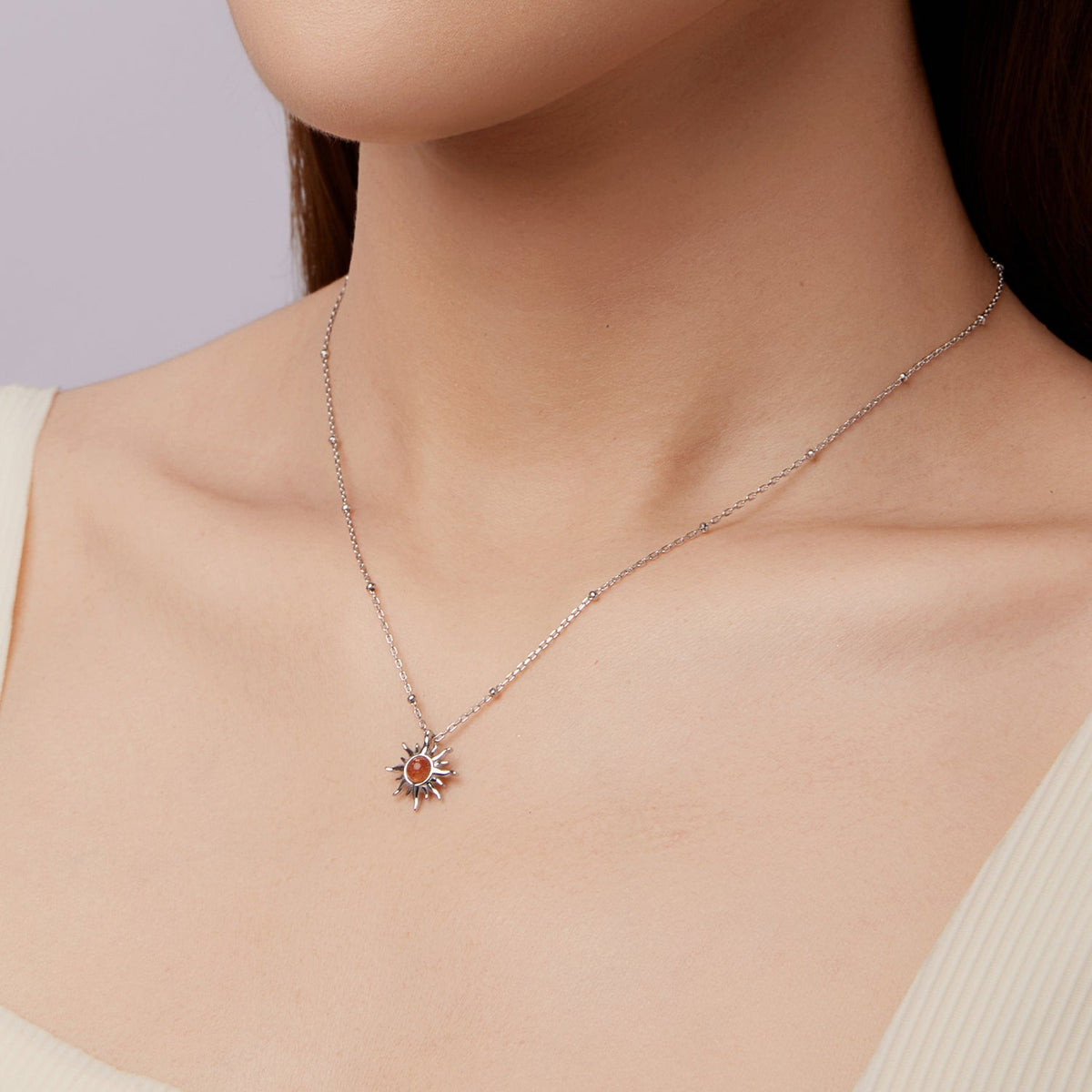 Collier en Argent Sterling 925 avec Pierre de Soleil Dorée Naturelle, 40+5cm, Plaqué Or Blanc pour Femme
