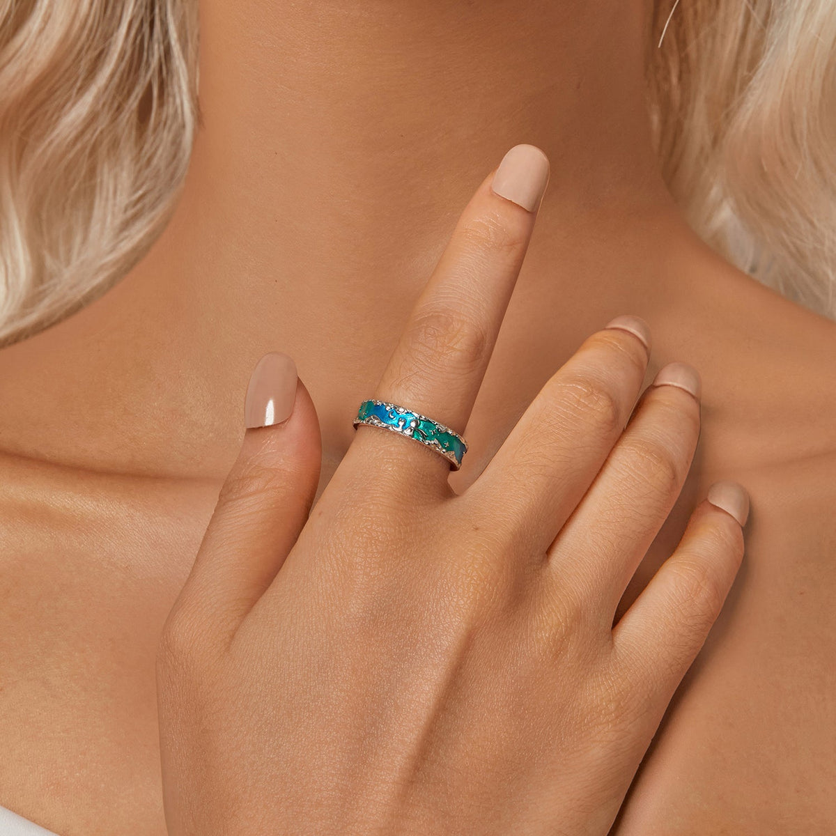 Bague 5 mm en argent sterling 925 émaillé et plaqué or blanc
