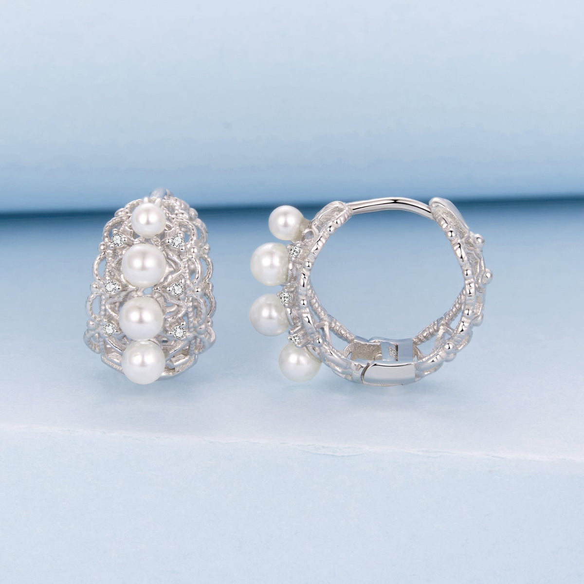 Boucles d'oreilles créoles en argent sterling 925 avec perle synthétique et oxyde de zirconium, 1,1 cm pour femme