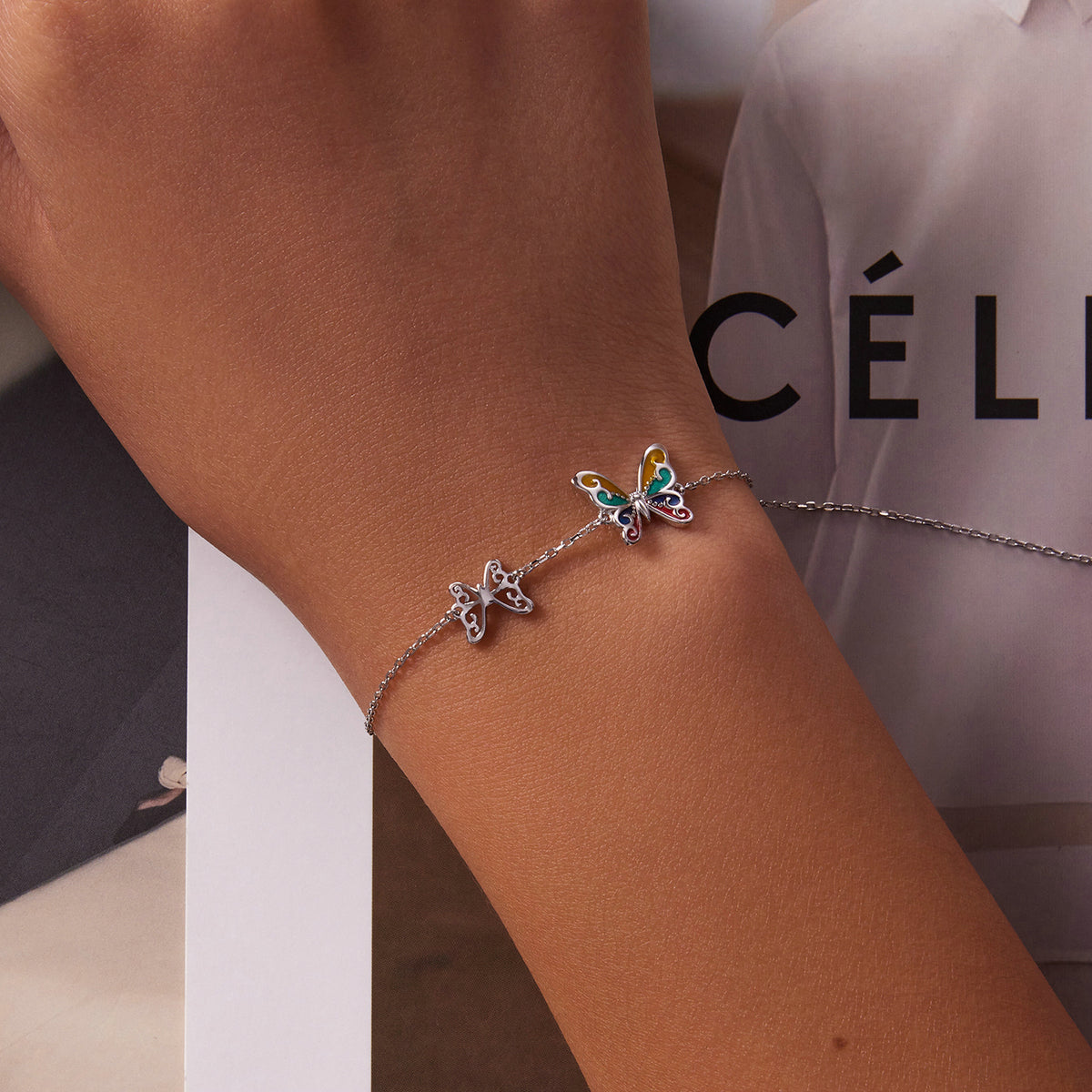 Bracelet réglable en argent sterling 925 émaillé papillon pour femmes