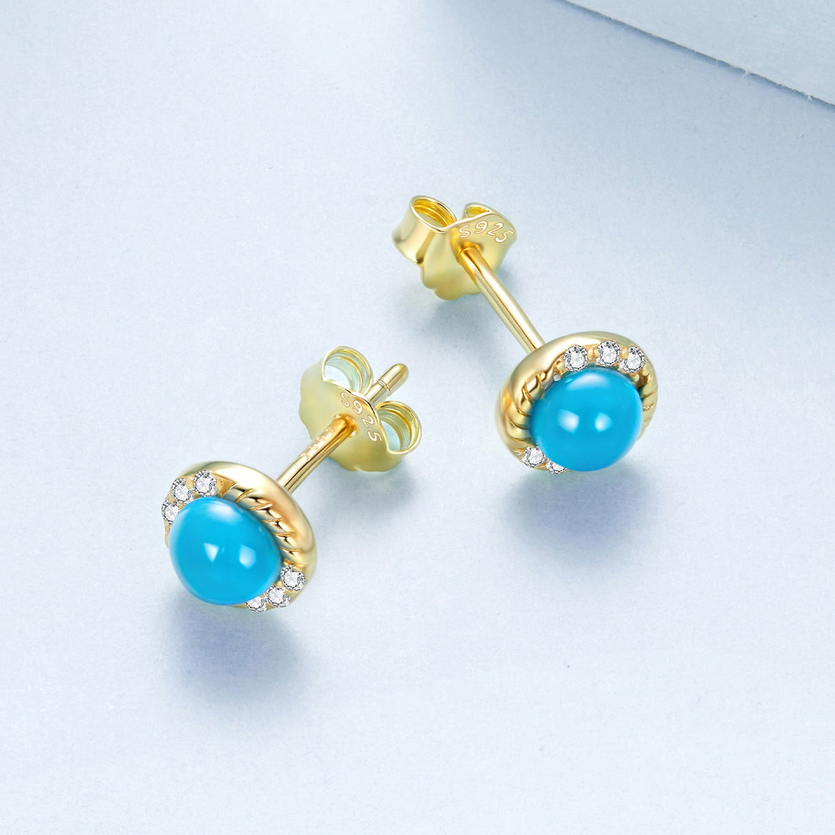 Boucles d'oreilles en argent sterling 925 avec turquoise de synthèse et oxyde de zirconium, plaquées or