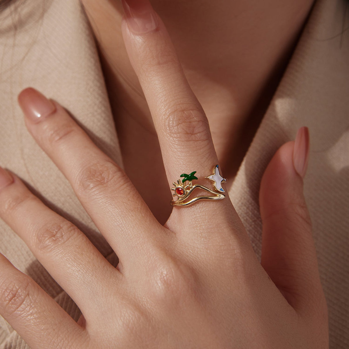 Bague en Argent Sterling 925 Émaillé avec Pavé de Zirconium Doré pour Femme