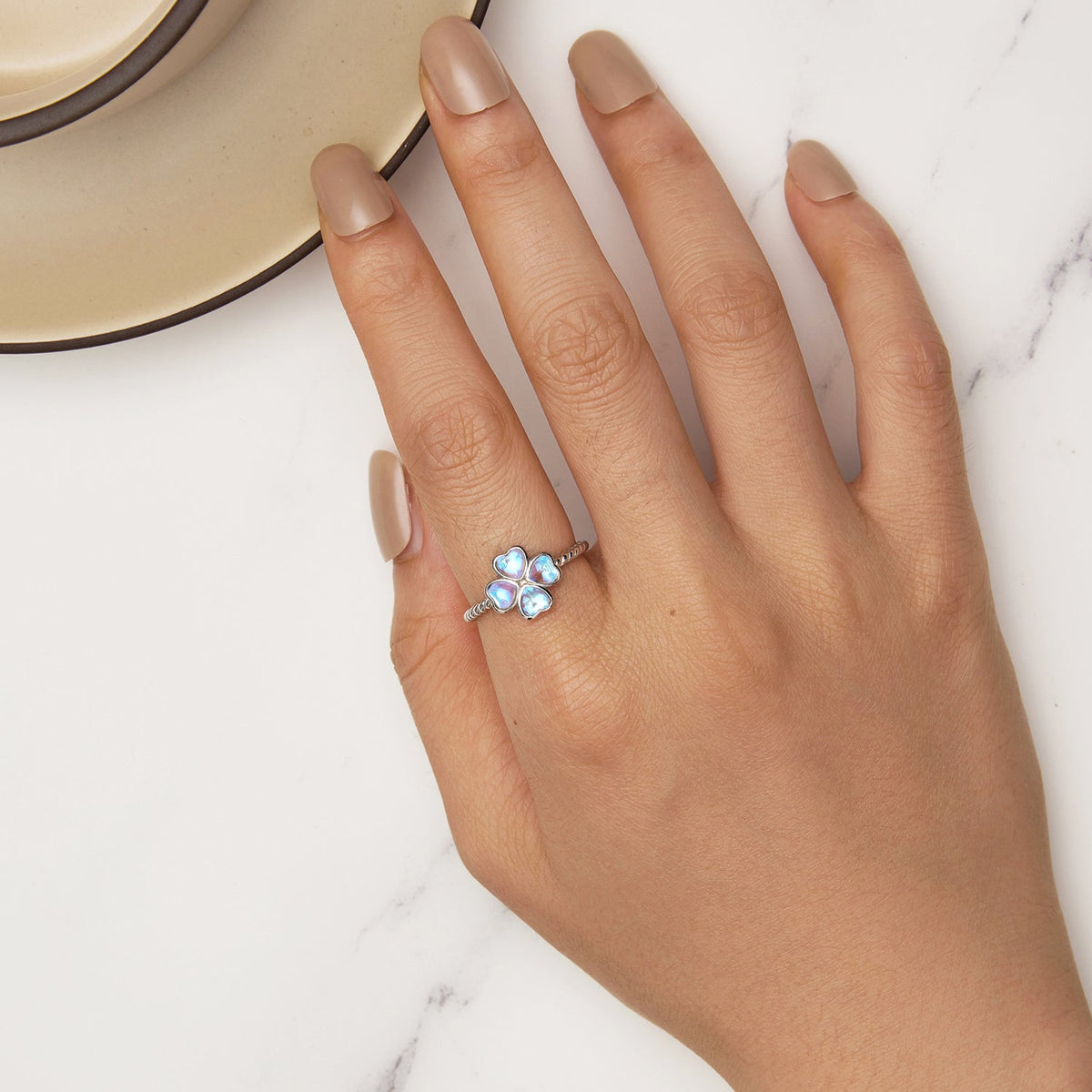 Bague Trèfle en Argent Sterling 925 et Pierre de Lune pour Femme