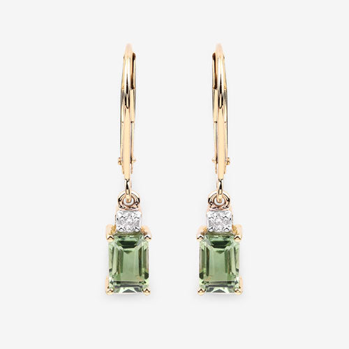 Boucles d'oreilles en or jaune 14 carats avec tourmaline verte véritable de 1,28 carat et diamants blancs