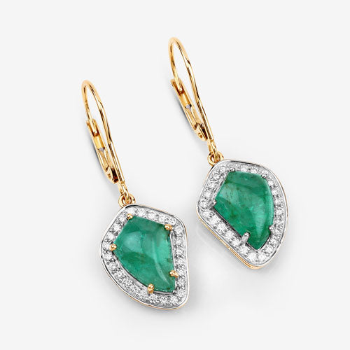 Boucles d'oreilles en or jaune 14 carats, émeraudes de Colombie naturelles de 6,40 carats et diamants blancs