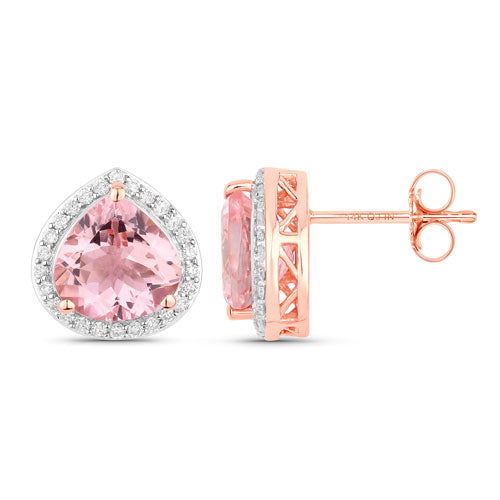 Boucles d'oreilles en or rose 14 carats, morganite véritable de 3,27 carats et diamants blancs