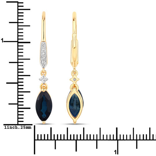Boucles d'oreilles en or jaune 14 carats, saphir bleu véritable de 2,73 carats et diamants blancs