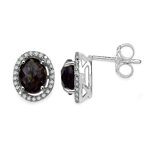Boucles d'oreilles en argent sterling .925 avec diamants blancs véritables de 2,39 carats et quartz fumé