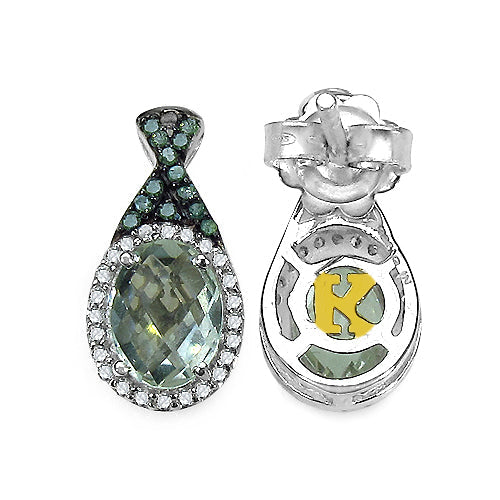 Boucles d'oreilles en argent sterling 925 avec améthyste verte naturelle de 2,55 carats, diamants verts et diamants blancs