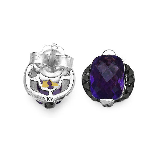 Boucles d'oreilles en argent sterling .925 avec améthyste véritable de 3,14 carats et diamants noirs
