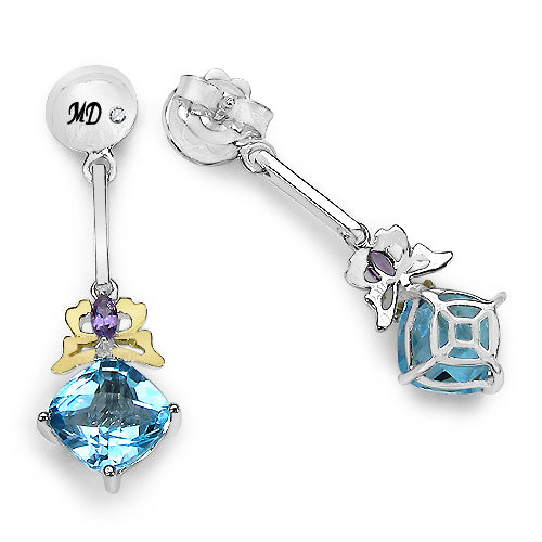 Boucles d'oreilles en argent sterling .925 avec topaze bleue véritable de 5,55 carats, améthyste et diamants blancs