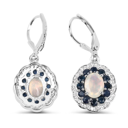 Boucles d'oreilles en argent sterling .925 serties d'opales éthiopiennes véritables de 2,80 carats, de saphirs bleus et de topazes blanches