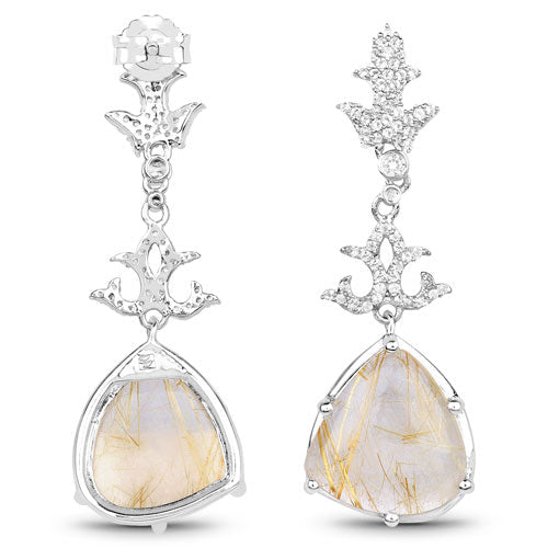 Boucles d'oreilles en argent sterling .925 avec rutile doré véritable et topaze blanche de 15,97 carats