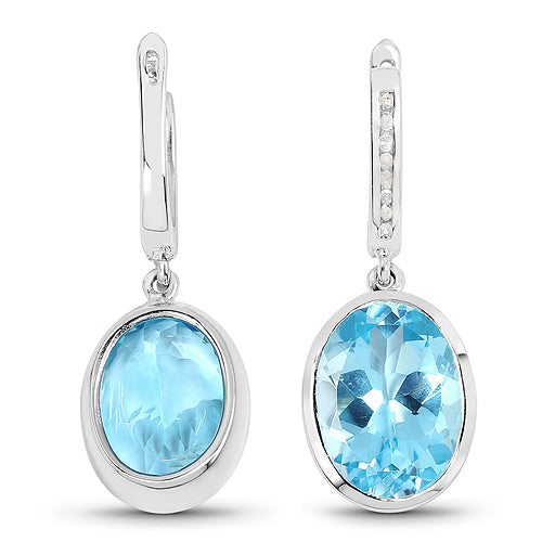 Boucles d'oreilles en argent sterling .925 avec topaze bleue véritable de 15,13 carats et diamants blancs