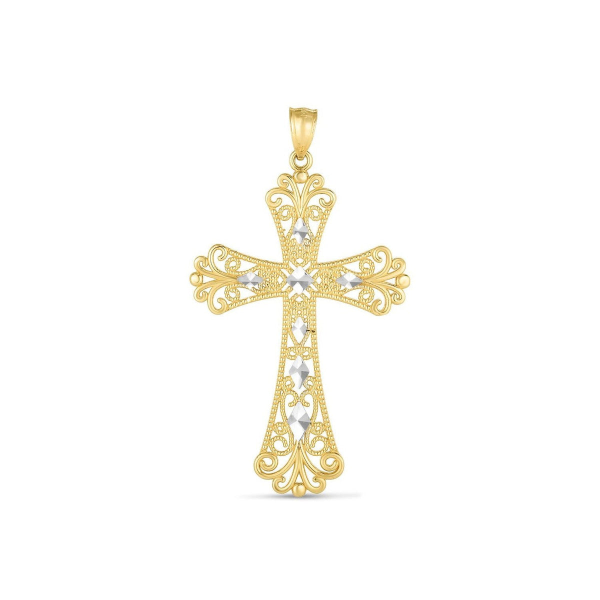 Pendentif croix bicolore en or 14 carats, finition polie, taille diamant