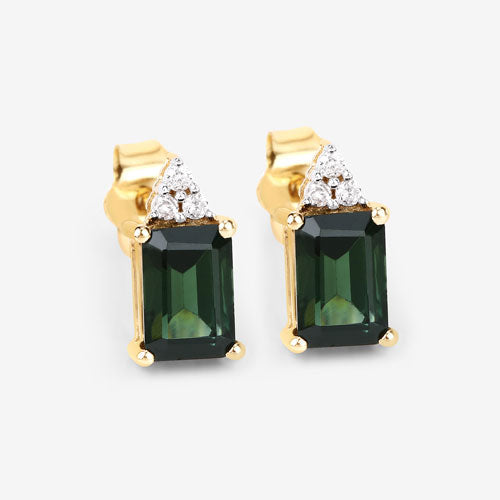 Boucles d'oreilles en or jaune 14 carats avec tourmaline verte véritable de 1,25 carat et diamants blancs