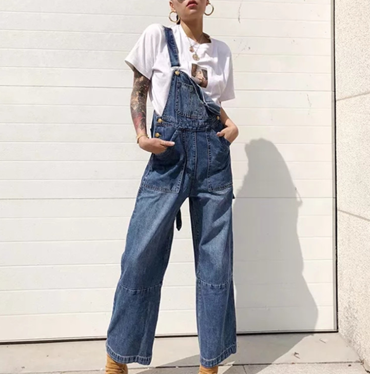 Loose Pocket Overalls Denim Pants