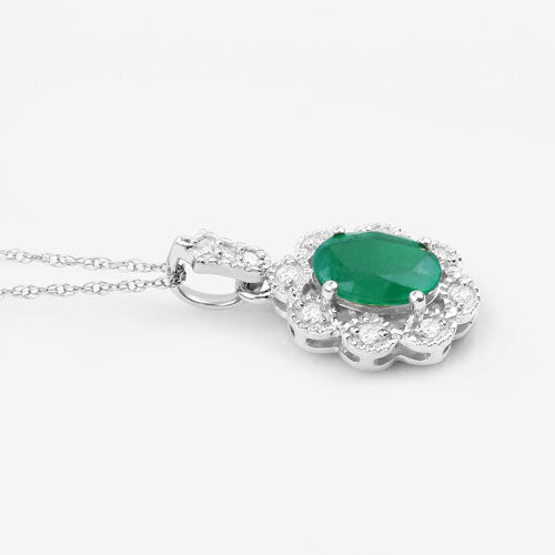 Pendentif en or blanc 10 carats avec émeraude véritable de Zambie de 0,79 carat et diamants blancs