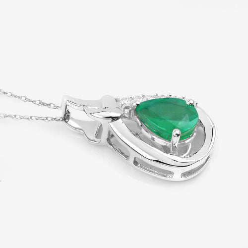 Pendentif en or blanc 10 carats avec émeraude de Zambie véritable de 1,18 carat et diamants blancs