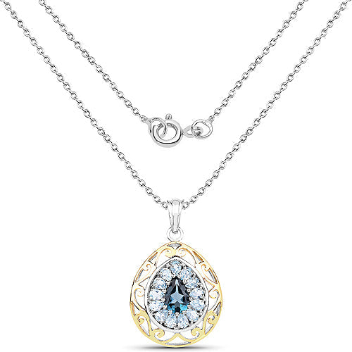 Pendentif en argent massif 925 plaqué or jaune 18 carats avec topazes bleues de Londres véritables et topazes bleues, totalisant 4,44 carats