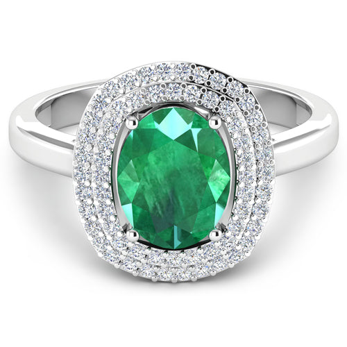 Bague en or blanc 14 carats, émeraude de Zambie authentique de 1,97 carat et diamants blancs